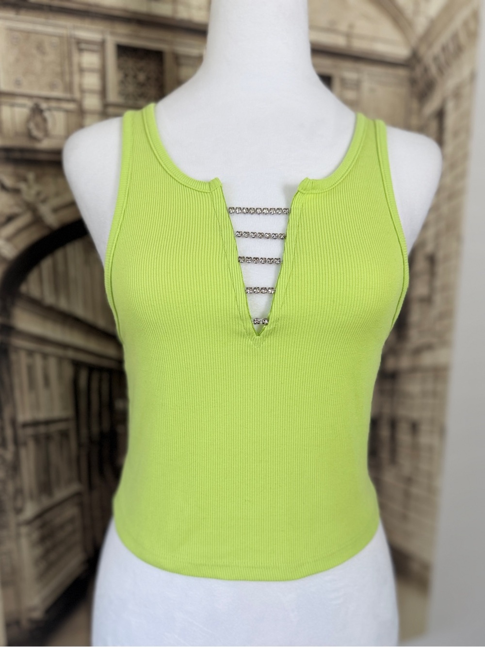 Preloved eye candy Neon Lime Ribbed Tank with Chain Ladder